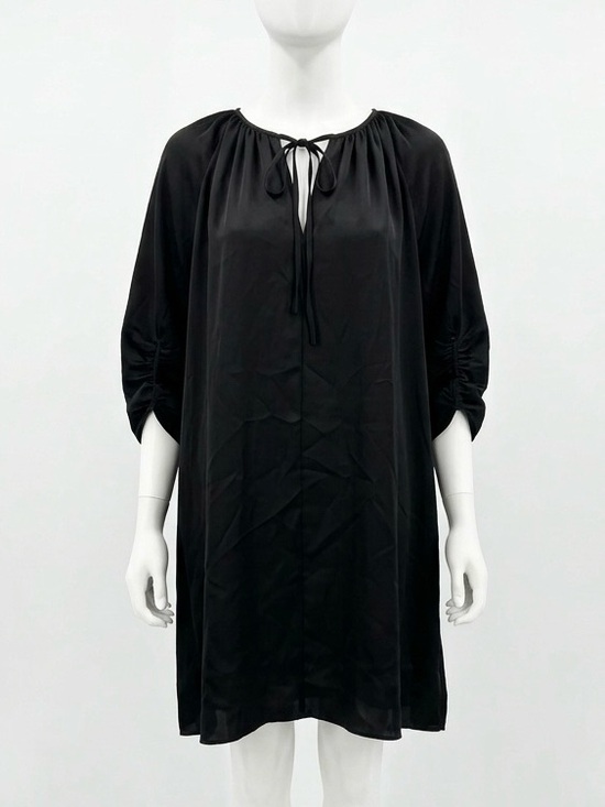 Dresses & Skirts - Black Satin-like Peasant Mini Dress Tie Puff Sleeve L-XL Day-Night Versatile